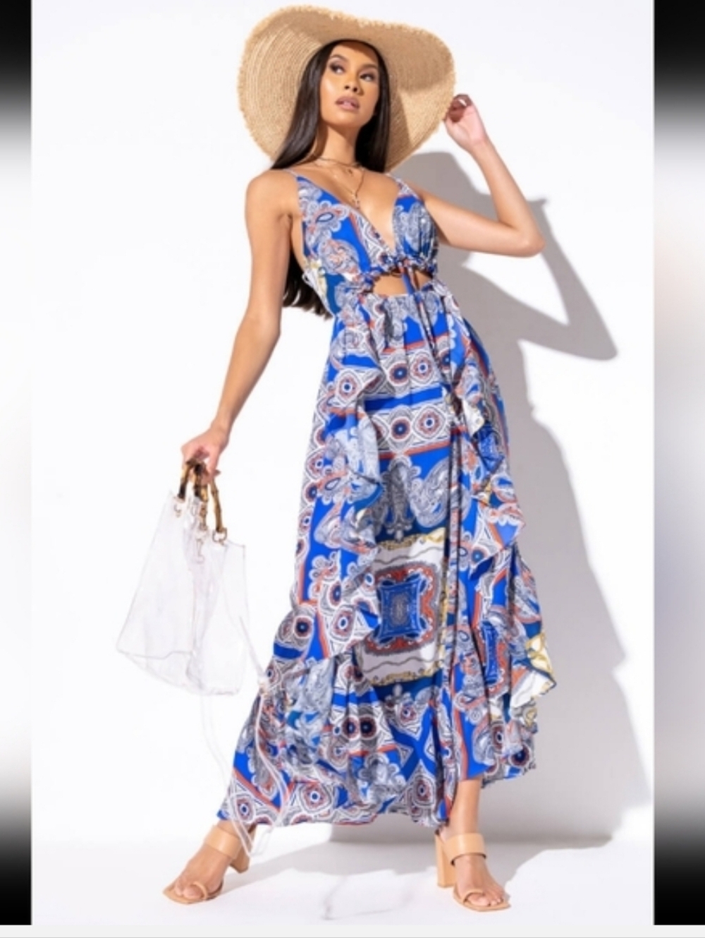 AKIRA Blue Printed Cutout Maxi Dress